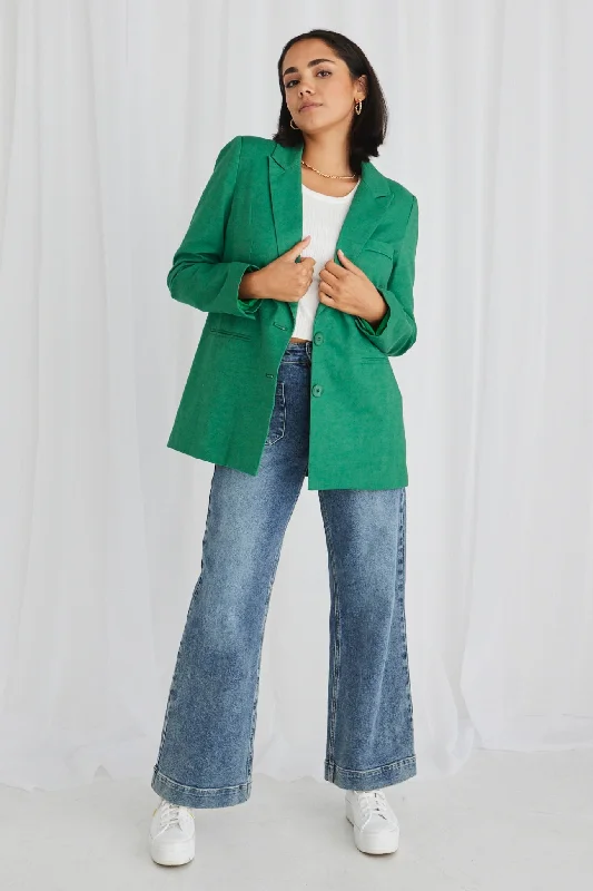 Demi Palm Green Linen Single Breasted Longline Blazer